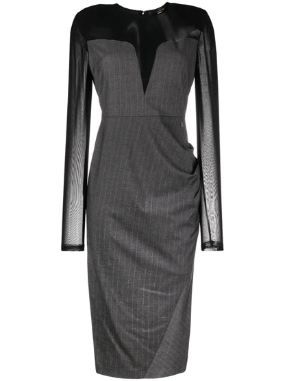 Pinstripe-Pattern Ruched Midi Dress