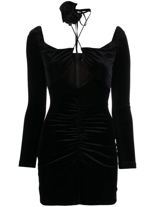Rose-Appliqué Ruched Velvet Minidress