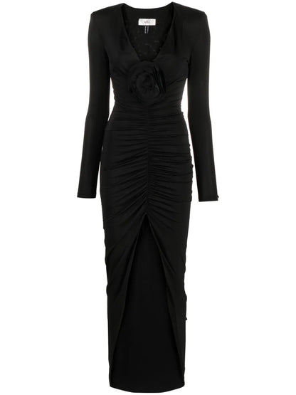 Floral-Appliqué Ruched Maxi Dress