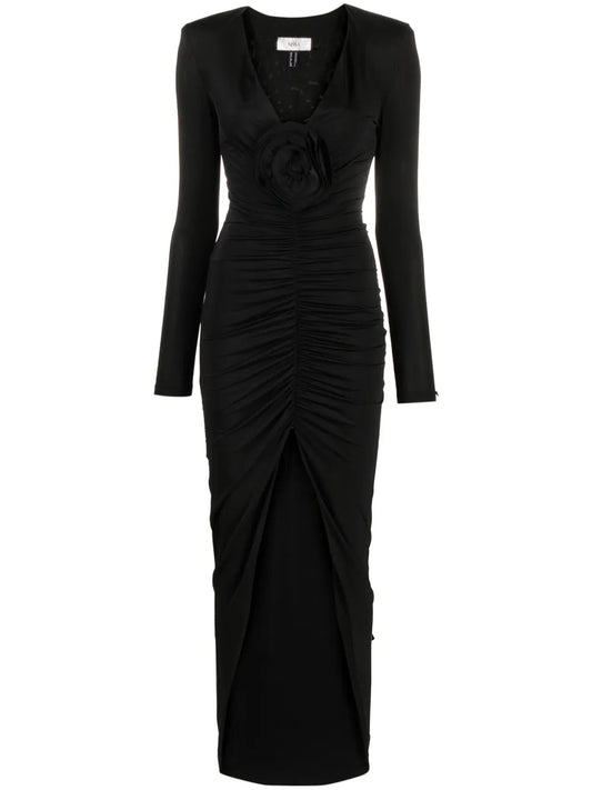 Floral-Appliqué Ruched Maxi Dress