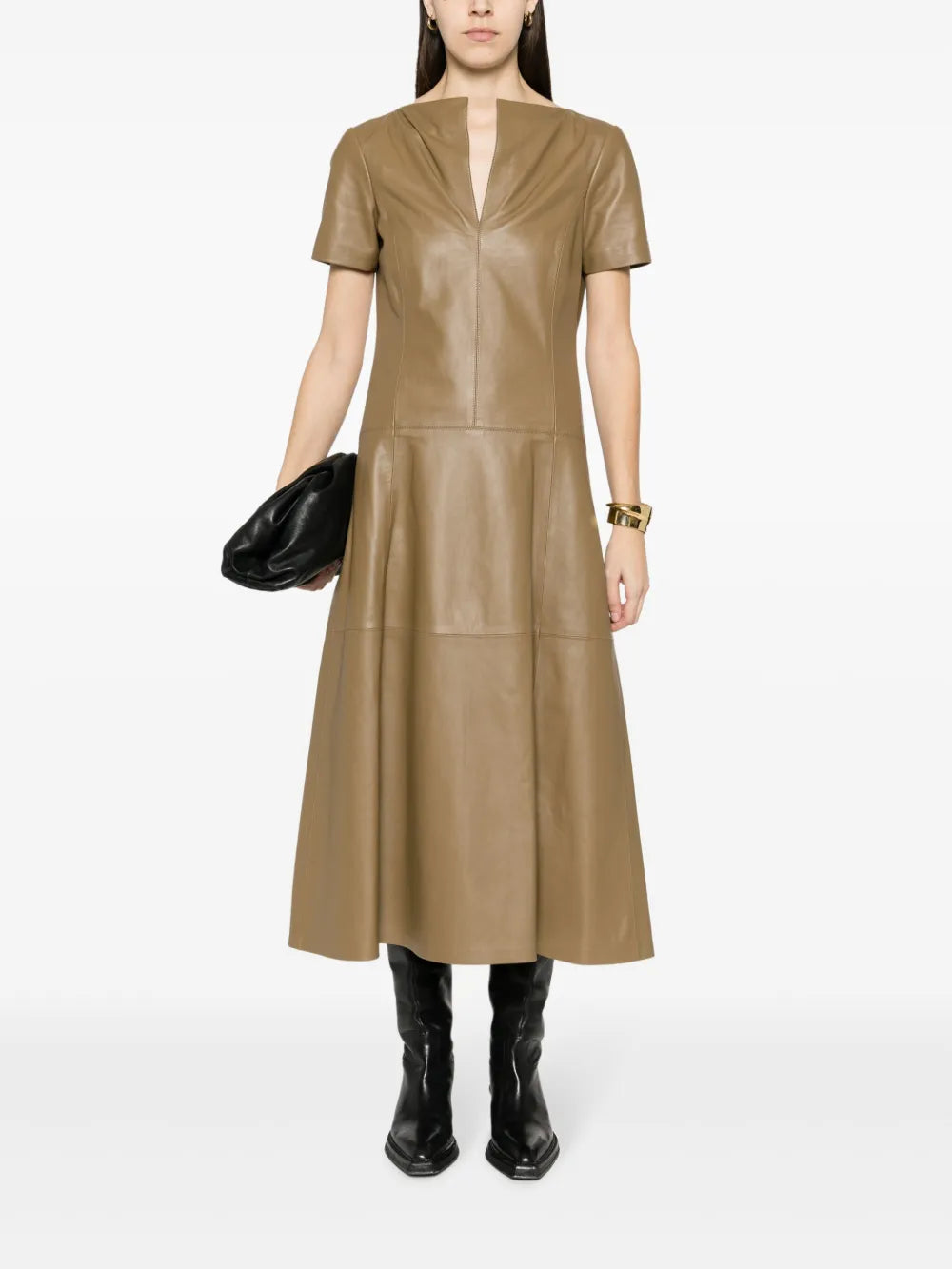 Tiered-Skirt Leather Midi Dress