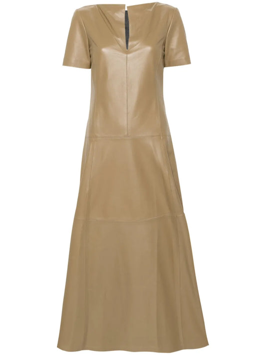 Tiered-Skirt Leather Midi Dress