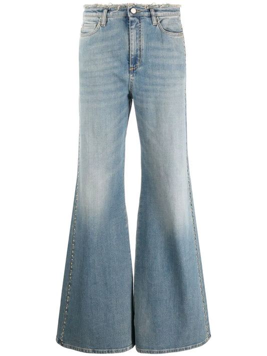 Stud-Embellished Frayed Bootcut Jeans