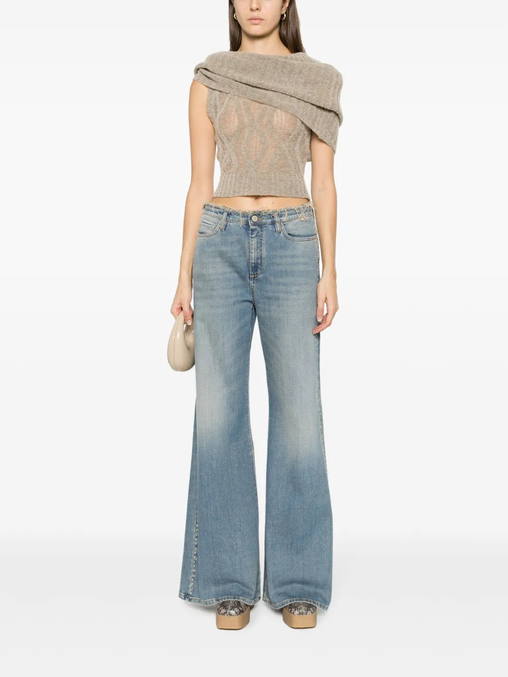 Stud-Embellished Frayed Bootcut Jeans