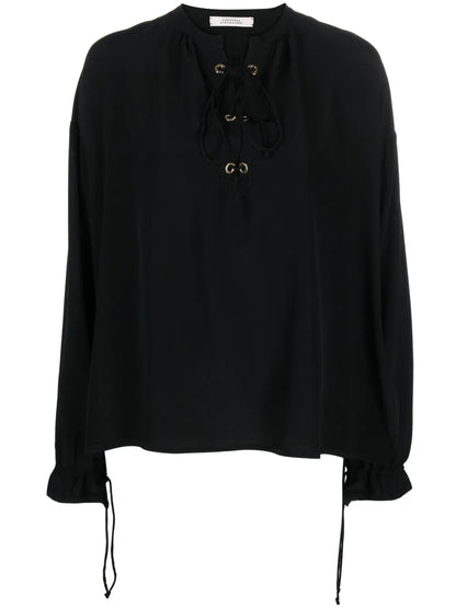 Lace-Up Neckline Silk Blouse