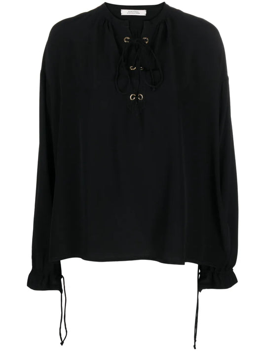 Lace-Up Neckline Silk Blouse