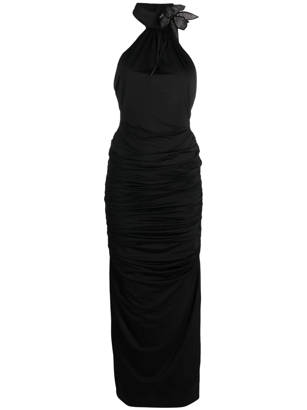 Floral-Appliqué Halterneck Gown