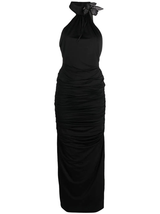 Floral-Appliqué Halterneck Gown