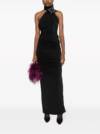 Floral-Appliqué Halterneck Gown