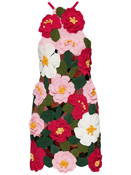 Camellia Crochet-Knit Halterneck Minidress