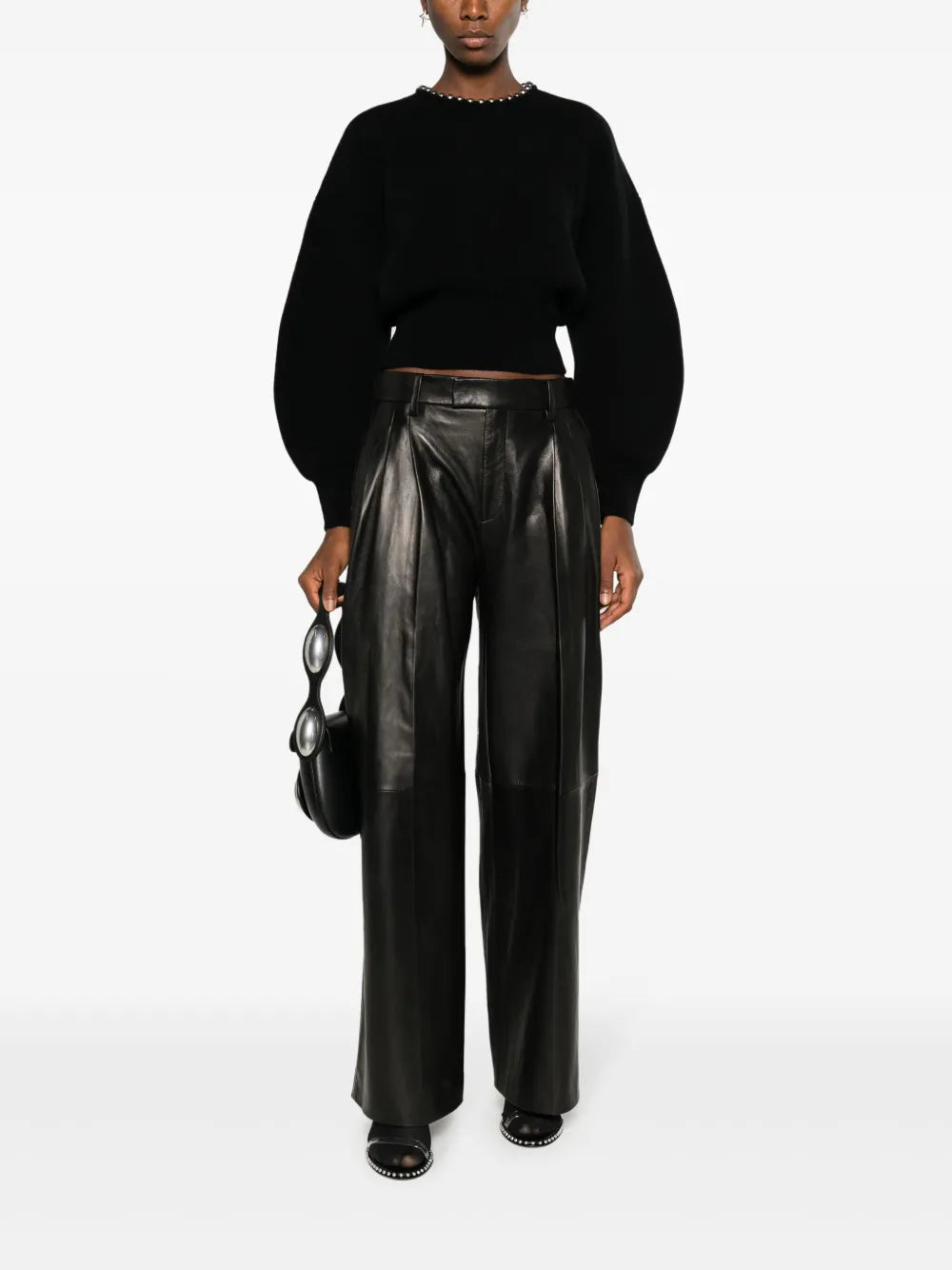 Pleated Wide-Leg Leather Trousers