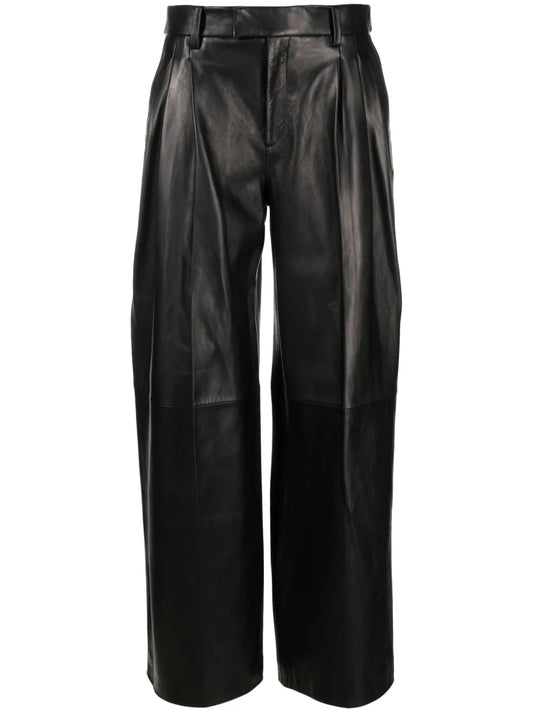 Pleated Wide-Leg Leather Trousers