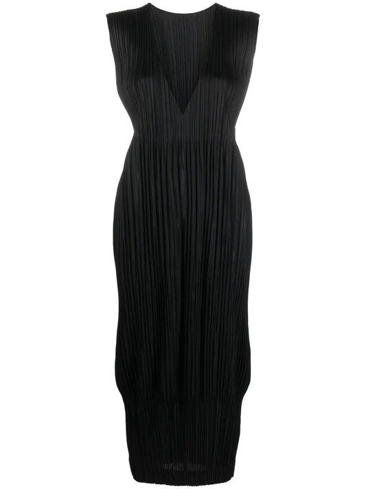 Plissé V-Neck Midi Dress
