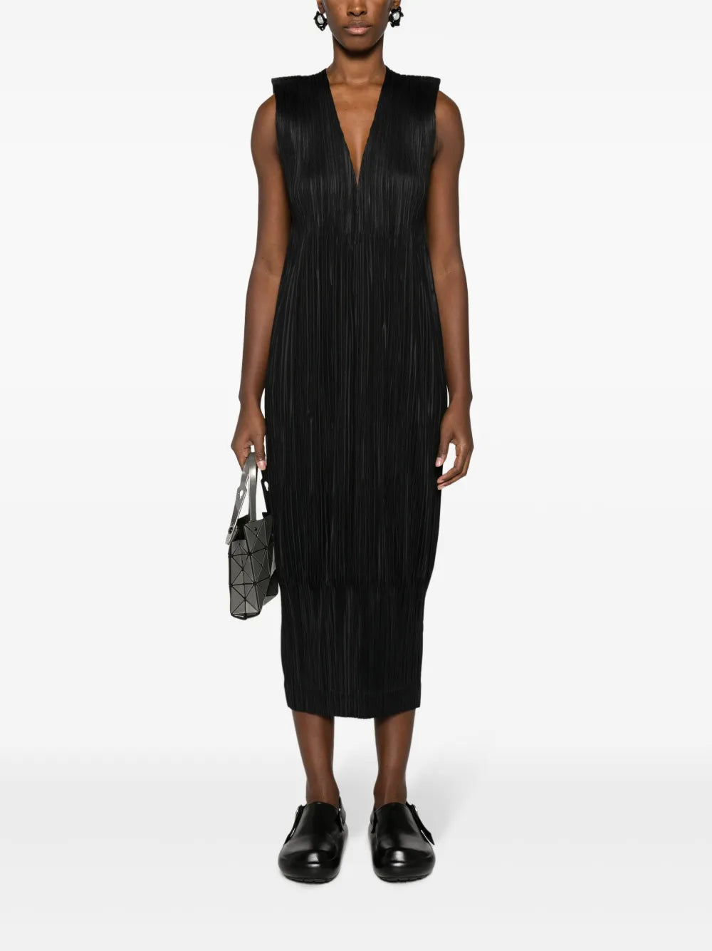 Plissé V-Neck Midi Dress