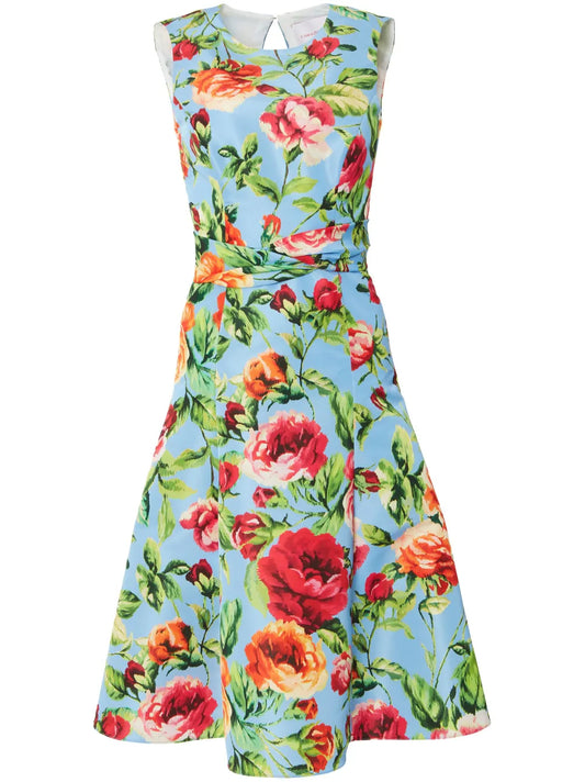 Rose-Print Twist-Detail Flared Dress