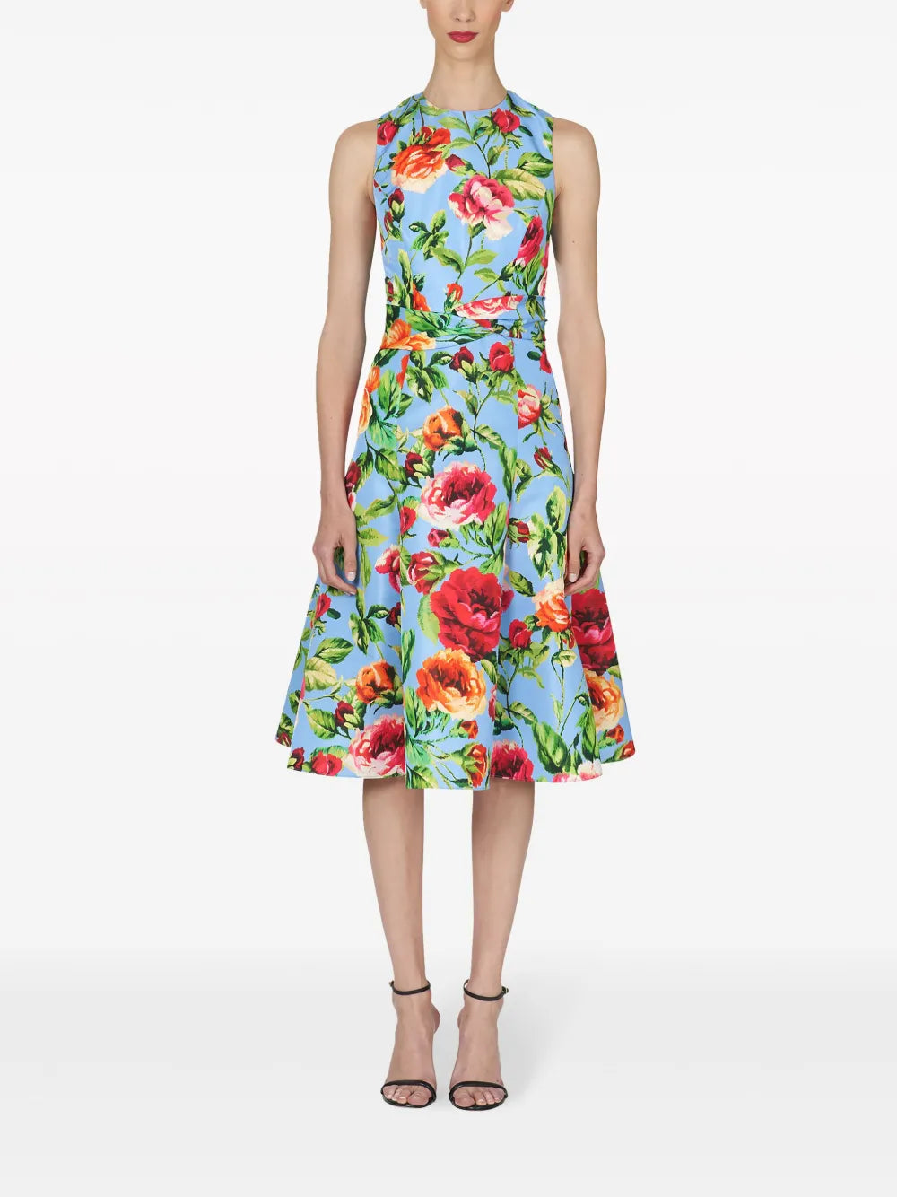 Rose-Print Twist-Detail Flared Dress