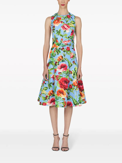 Rose-Print Twist-Detail Flared Dress