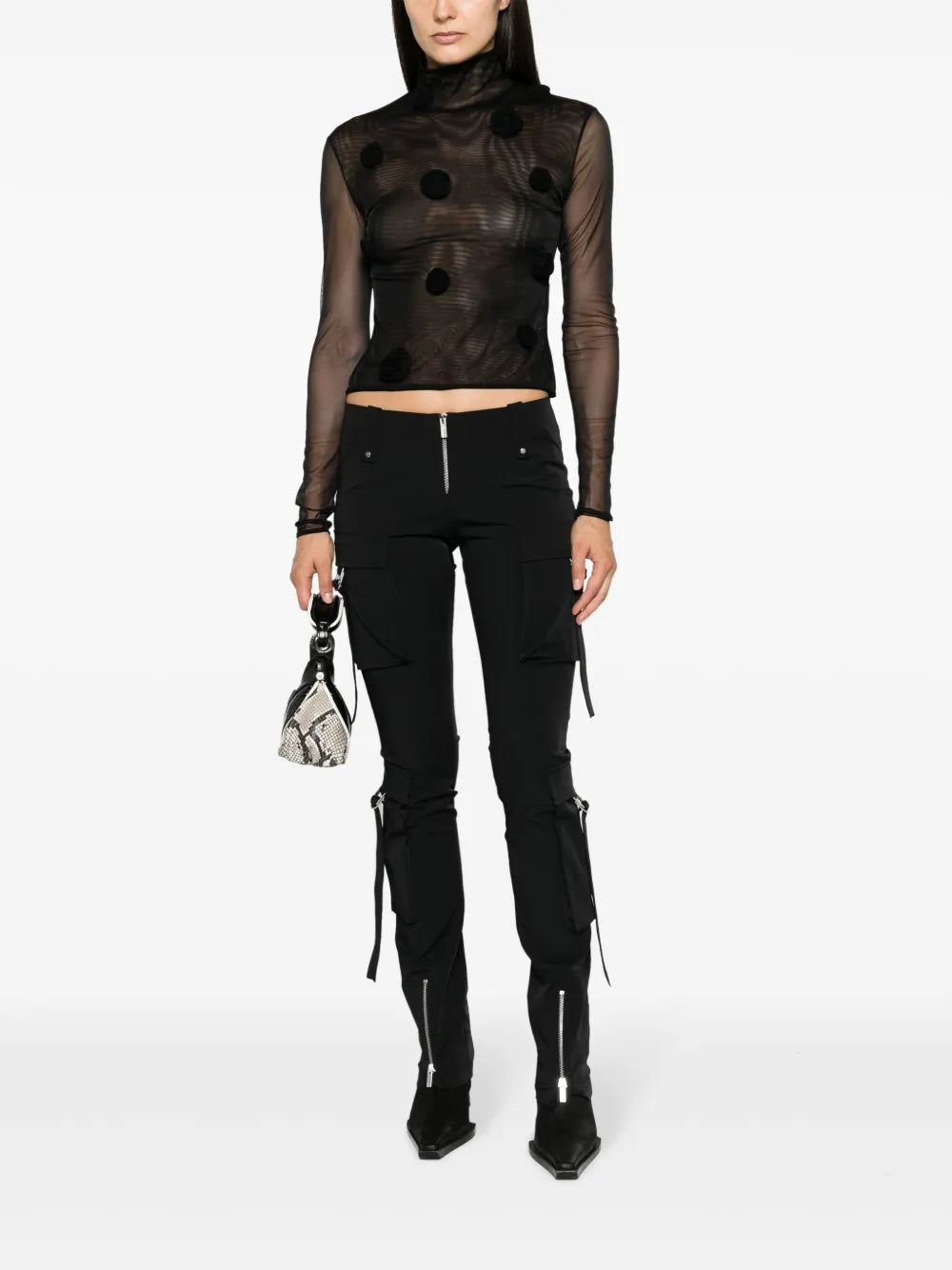Floral-Appliqué Long-Sleeve Mesh Top