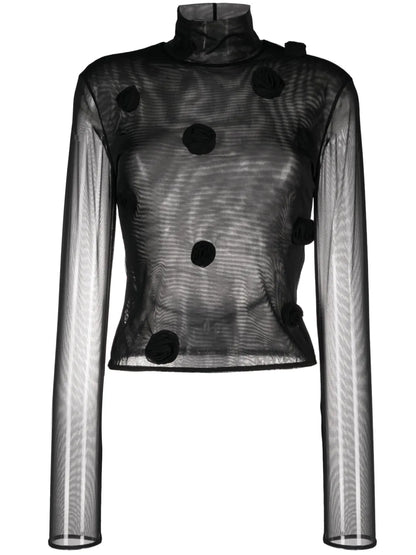 Floral-Appliqué Long-Sleeve Mesh Top