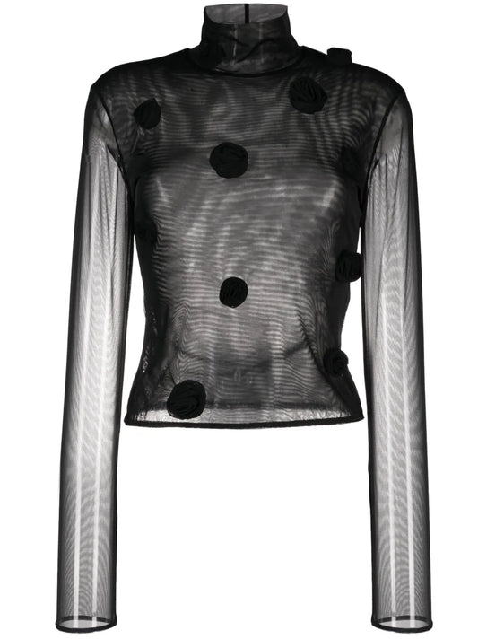 Floral-Appliqué Long-Sleeve Mesh Top