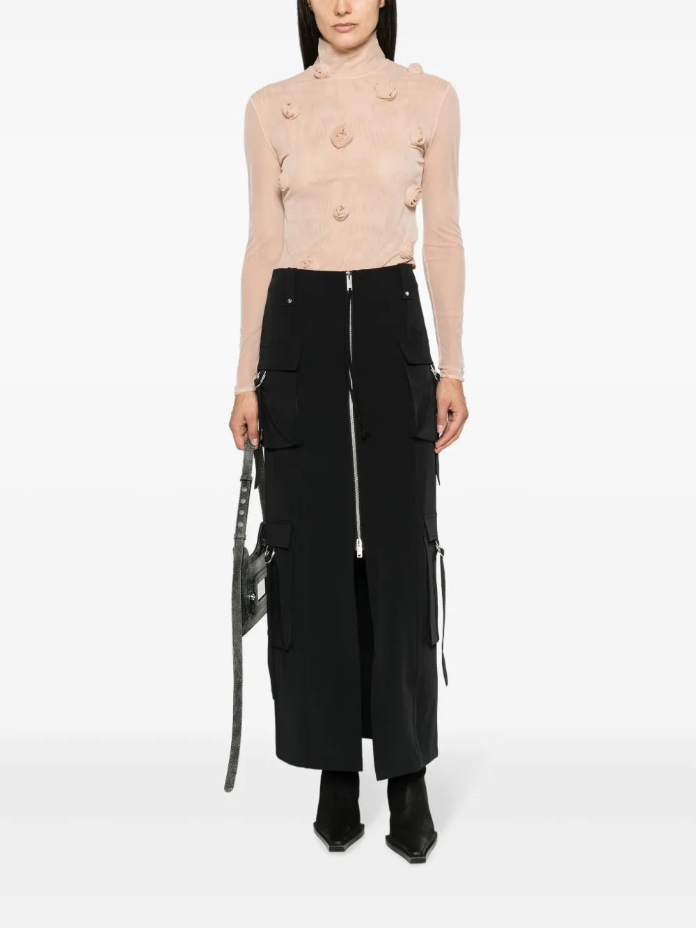 Floral-Appliqué Long-Sleeve Mesh Top