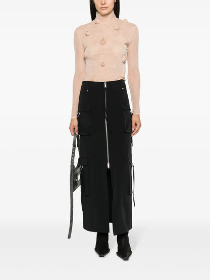 Floral-Appliqué Long-Sleeve Mesh Top