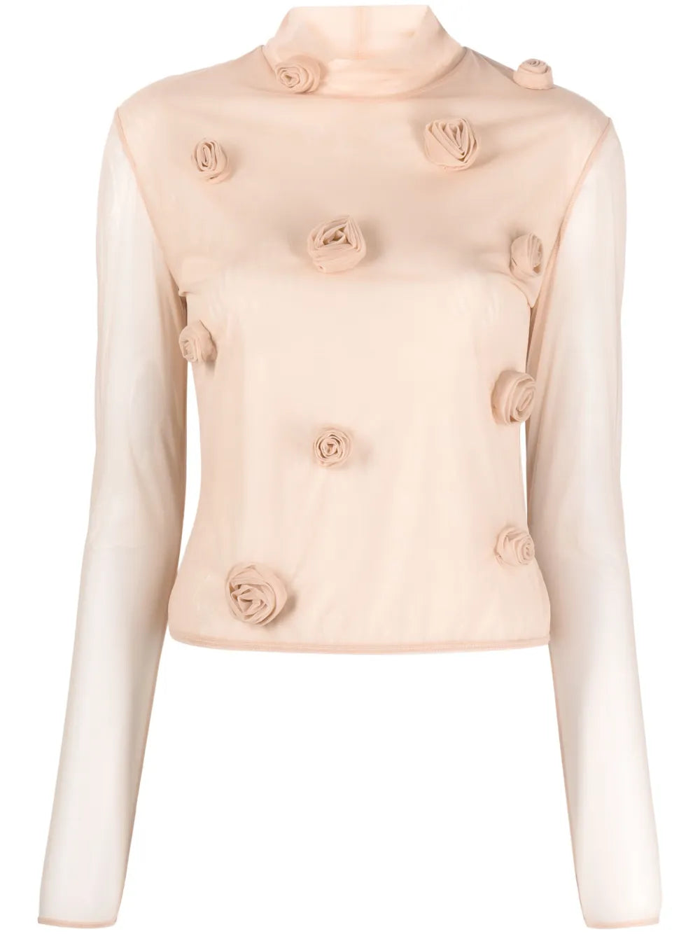 Floral-Appliqué Long-Sleeve Mesh Top