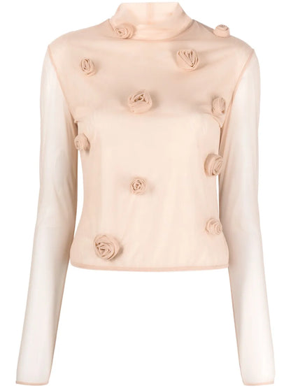 Floral-Appliqué Long-Sleeve Mesh Top