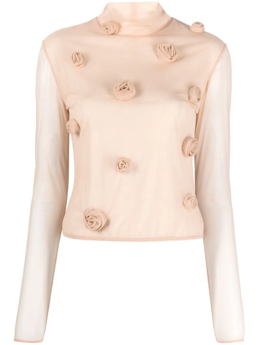 Floral-Appliqué Long-Sleeve Mesh Top