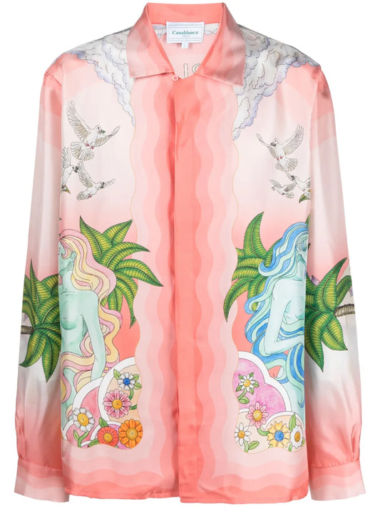 Paix Et Amour Tennis Club-Print Silk Shirt