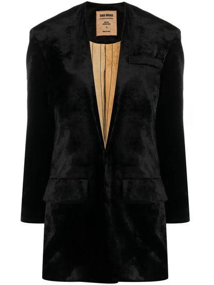 Collarless Velvet-Effect Coat