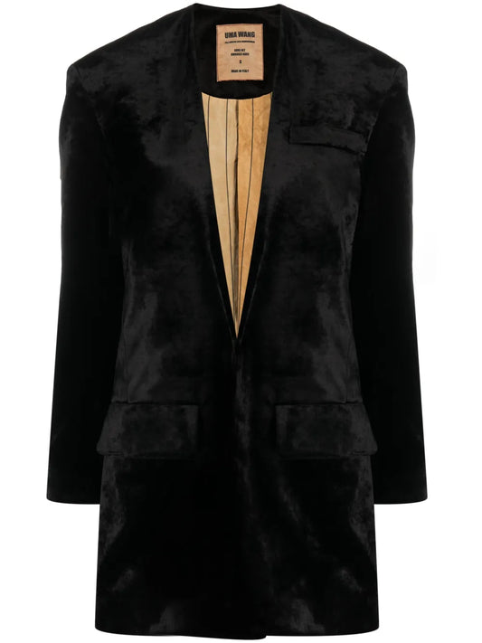 Collarless Velvet-Effect Coat