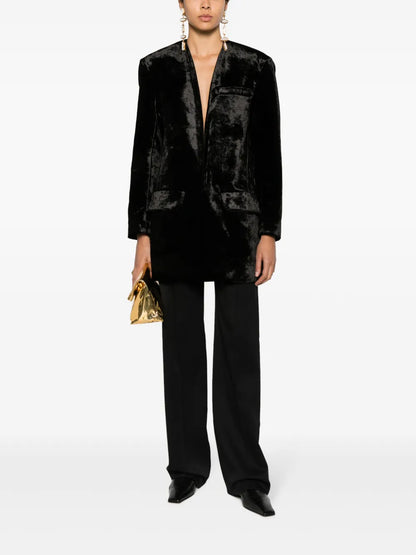 Collarless Velvet-Effect Coat