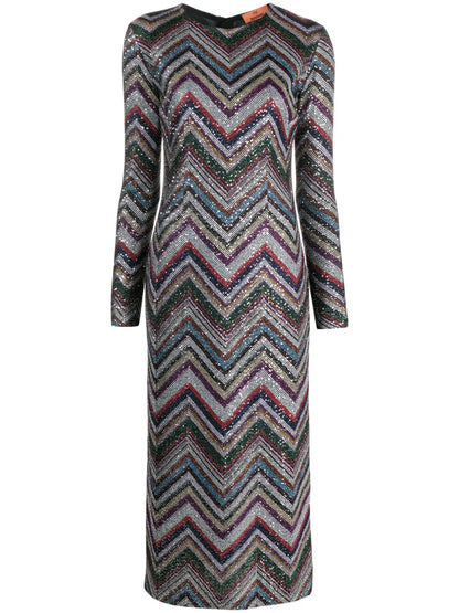Zigzag Sequin-Embellished Midi Dress