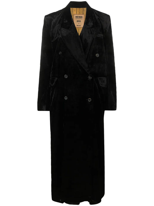 Velvet-Effect Double-Breasted Coat
