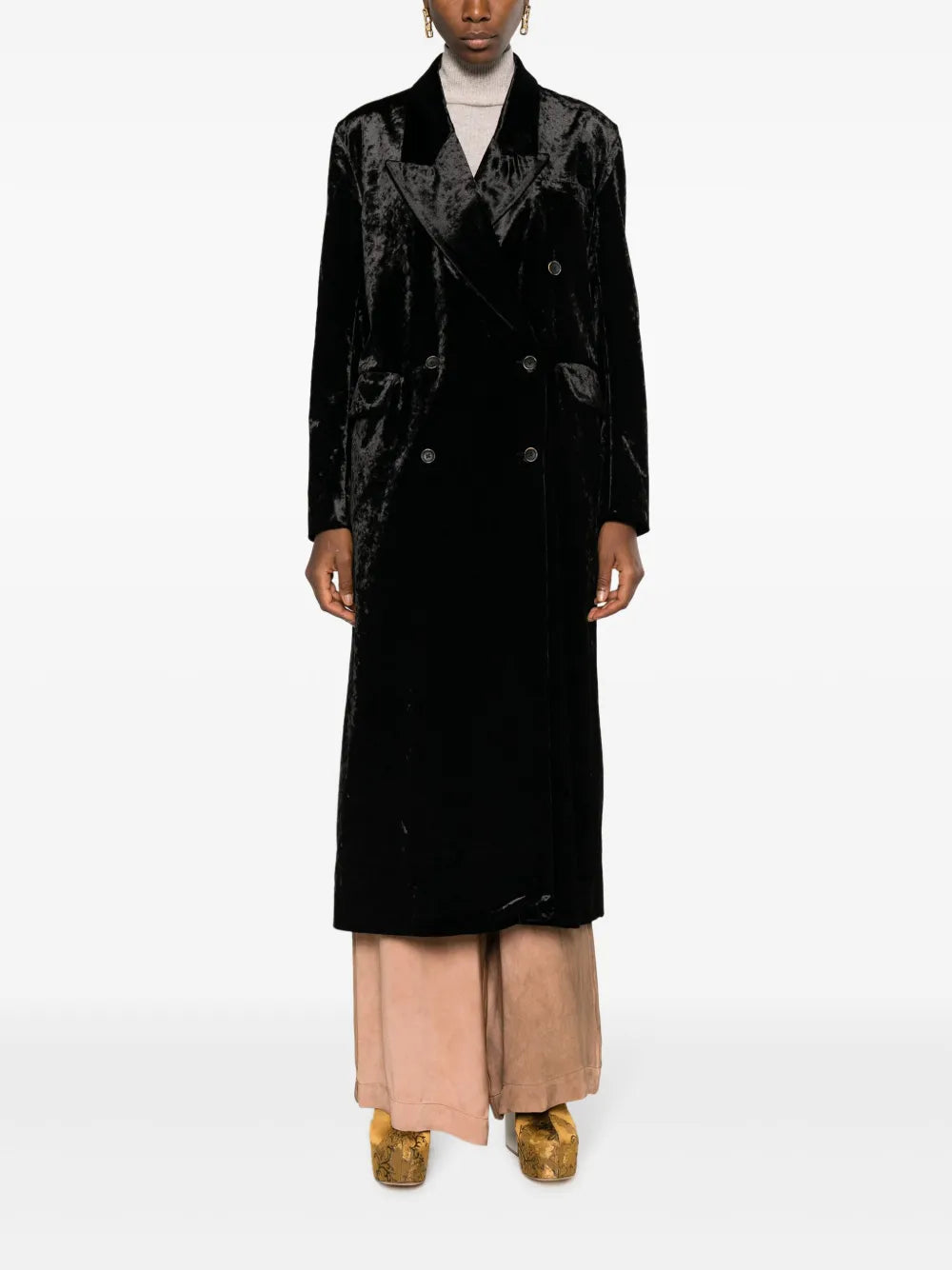 Velvet-Effect Double-Breasted Coat