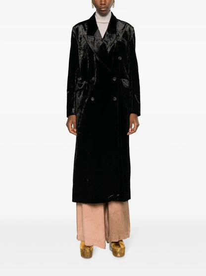 Velvet-Effect Double-Breasted Coat