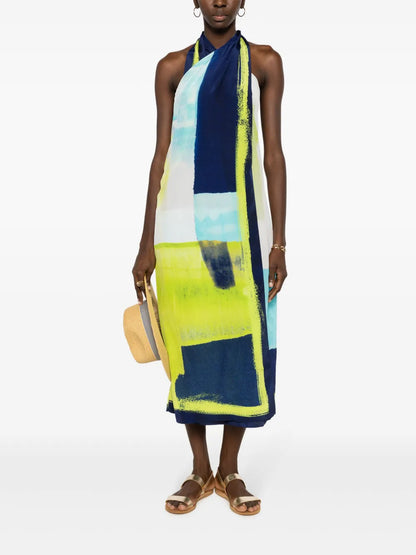 Abstract-Print Wraparound Midi Dress