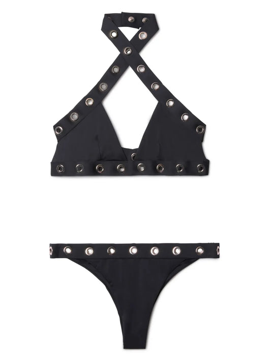 Eyelet-Embellished Halterneck Bikini
