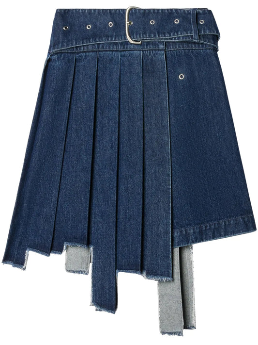 Pleated Asymmetric Denim Skirt