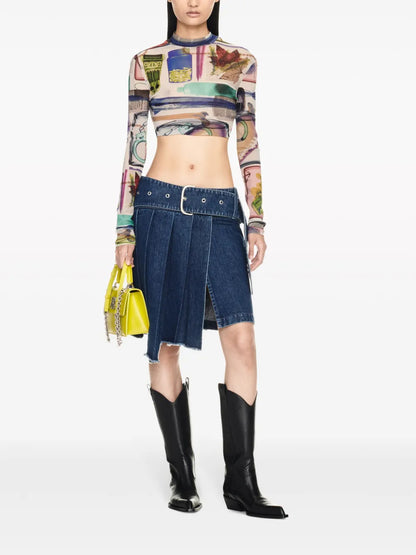 Pleated Asymmetric Denim Skirt