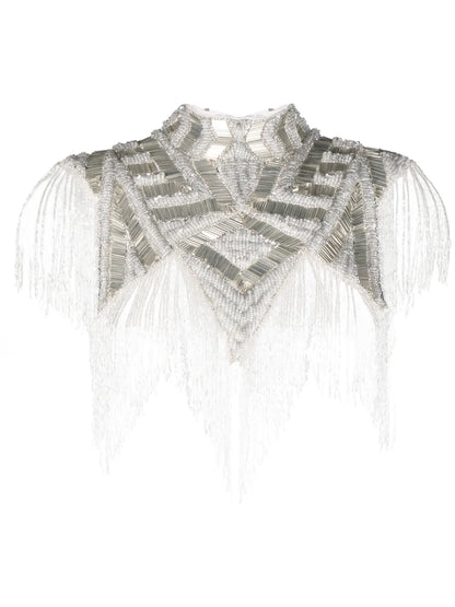 Bead-Embellished Fringed Cape Top