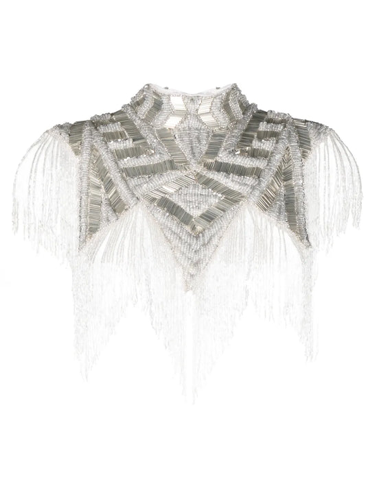 Bead-Embellished Fringed Cape Top