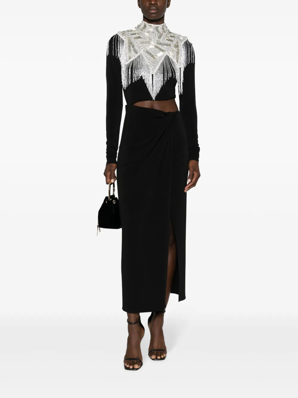 Bead-Embellished Fringed Cape Top