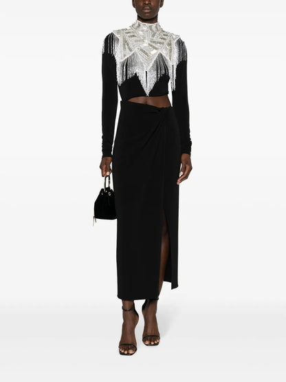 Bead-Embellished Fringed Cape Top