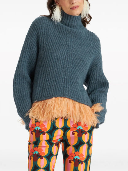 High-Neck Feather-Trim Jumper