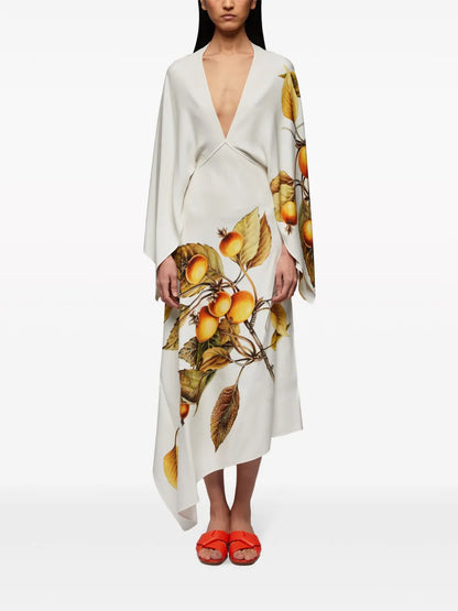Asymmetric Botanical-Print Midi Dress