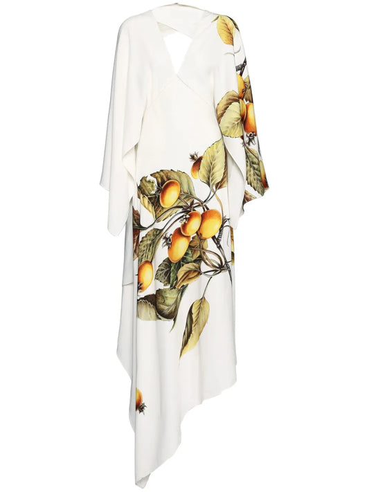 Asymmetric Botanical-Print Midi Dress