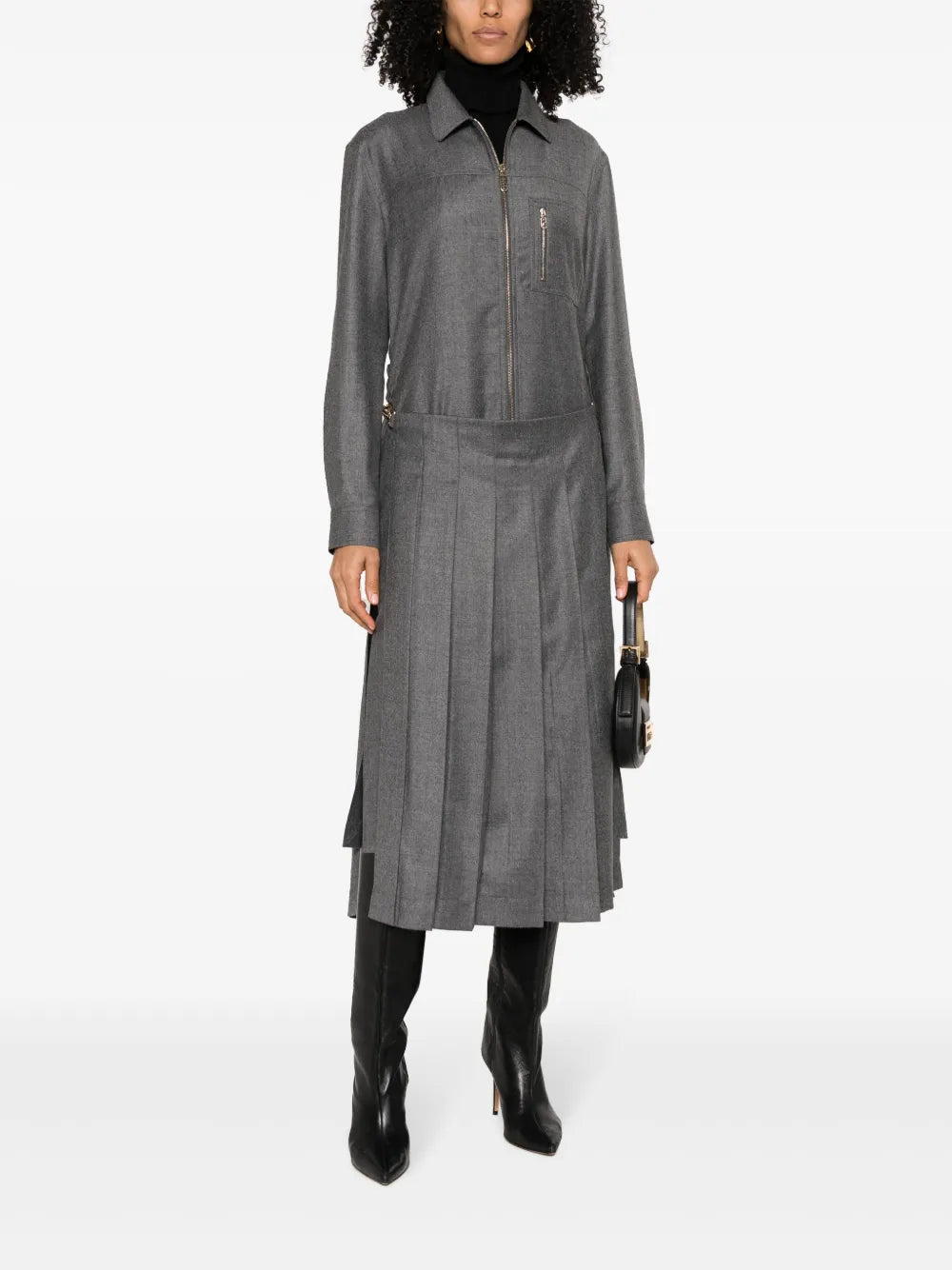 Spread-Collar Pleated Midi Dress