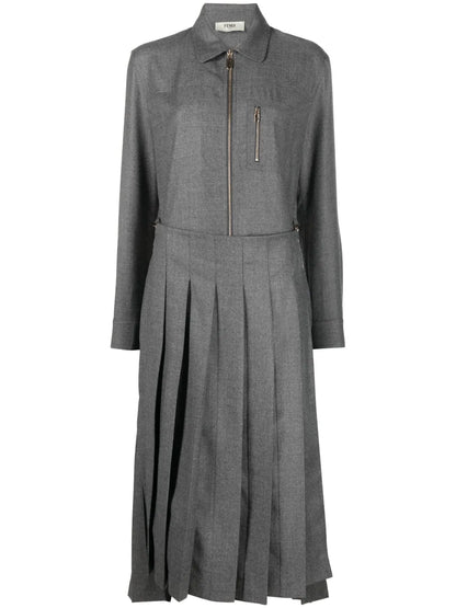Spread-Collar Pleated Midi Dress